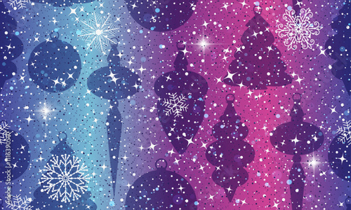 Vector hand drawn seamless winter pattern with snowflakes and stars and toys on a violet gradient background