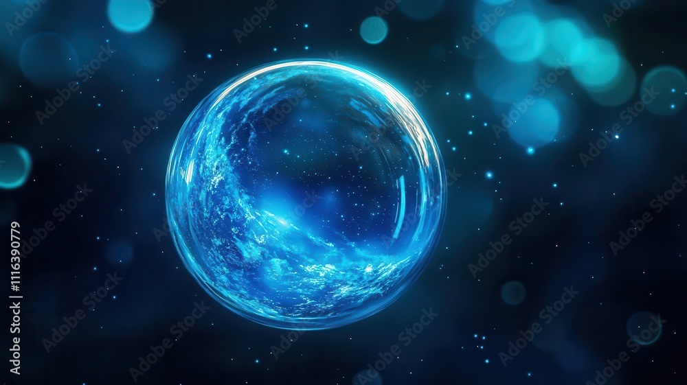A mesmerizing blue bubble floating in a dreamy cosmic backdrop with luminous particles. A mesmerizing blue bubble floating in a dreamy cosmic backdrop with luminous particles.