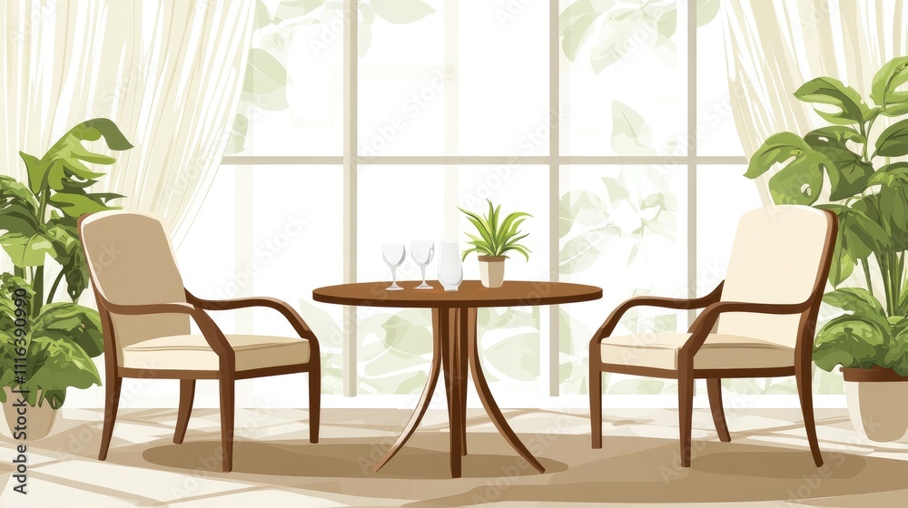 Fototapeta premium Modern studio flat living room design featuring two chairs and a round table surrounded by plants and natural light from large windows.