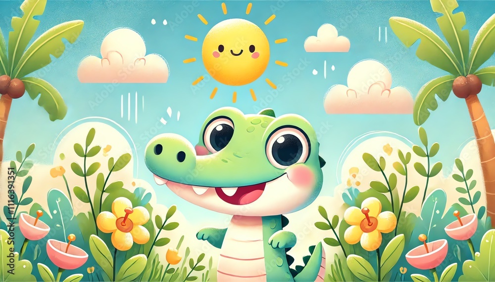 Obraz premium An illustration featuring one cute crocodile peeking into the frame with a playful and expressive look