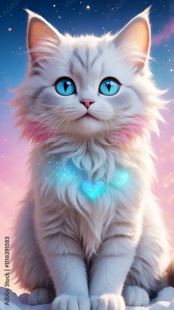 Fototapeta premium A small, adorable cat with vibrant gradient fur shifting between soft pastel pink and icy blue, accented by sparkling golden speckles on its back. Mobile phone wallpaper