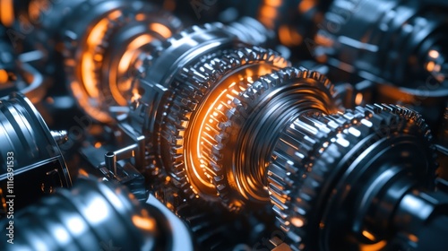 Close-up of intricate mechanical gears with glowing elements