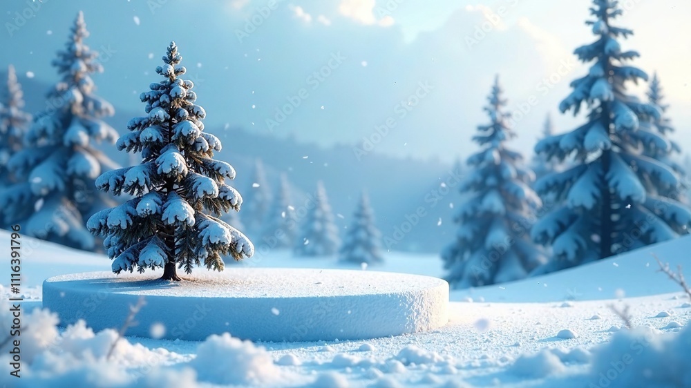 Fototapeta premium Minimalist Snowy Winter Scene, Product Display Podium, Blue Trees, AI Photo