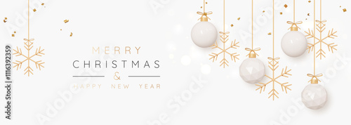 3D Christmas golden balls hang on gold ribbon with snowflakes and falling confetti decoration. New Year background with xmas beige baubles. Celebration banner or getting card. 3D Vector illustration