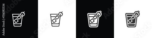 Rocks glass icons. Classic alcoholic cocktail and cocktail glass thin line and flat icon. Cocktail glass vector illustration symbols in black white and transparent background.