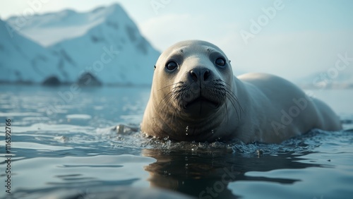 A seal swimming in the water with mountains in the background