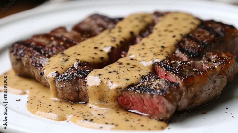 Delicious Grilled Steak with Creamy Sauce and Black Pepper Garnish Delicious Grilled Steak with Creamy Sauce and Black Pepper Garnish