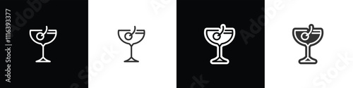Coupe glass icons. Classic alcoholic cocktail and cocktail glass thin line and flat icon. Cocktail glass vector illustration symbols in black white and transparent background.
