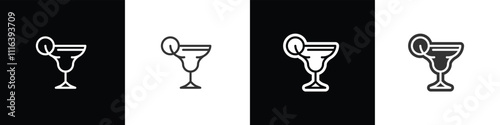 Margarita glass icons. Classic alcoholic cocktail and cocktail glass thin line and flat icon. Cocktail glass vector illustration symbols in black white and transparent background.