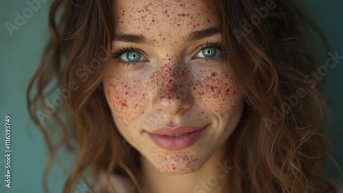 A woman with freckles on her face and blue eyes