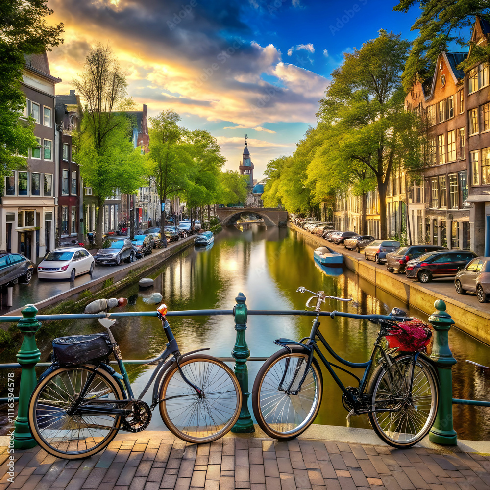 Fototapeta premium traditional view of amsterdam with bicycles and ca