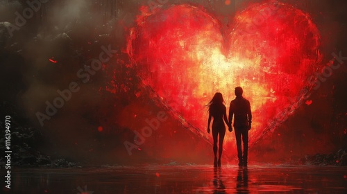 Romantic Couple Under a Glowing Heart at Night Sky