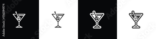 Simple martini glass icons. Classic alcoholic cocktail and cocktail glass thin line and flat icon. Cocktail glass vector illustration symbols in black white and transparent background.