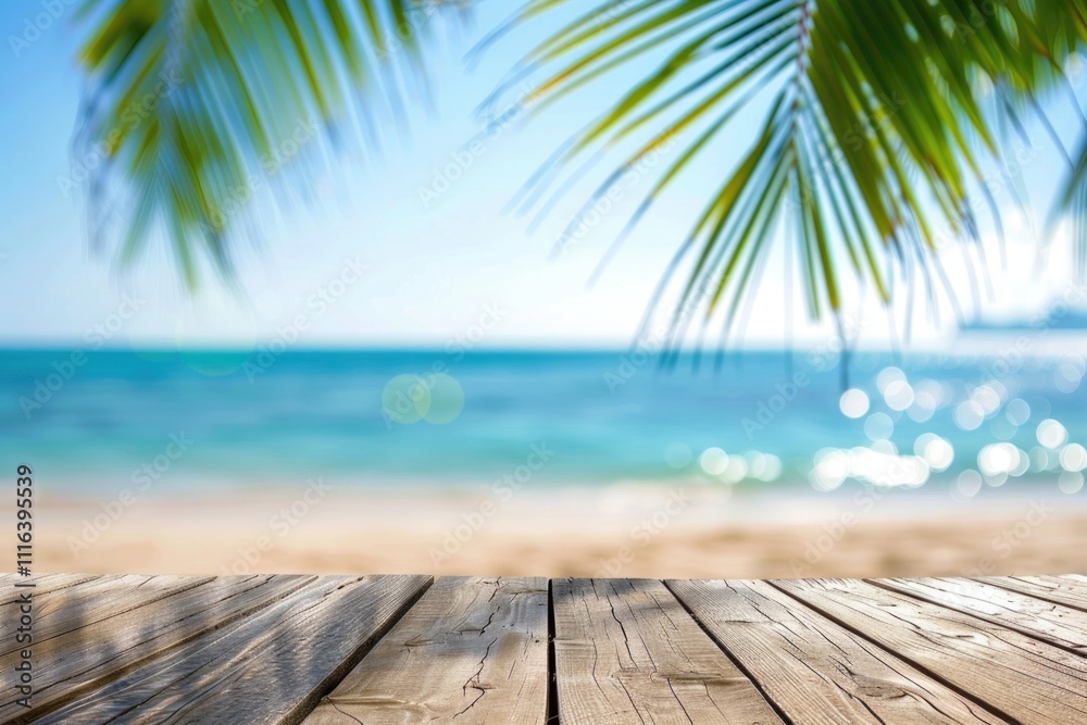 Fototapeta premium Background Summer. Tropical Beach with Palm Leaves on Wooden Table, Sea and Sky Bokeh Lights