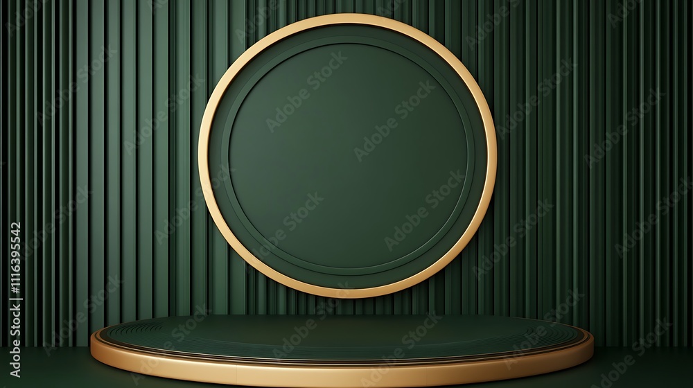 A minimalistic design featuring a green and gold podium platform with horizontal stripes against a dark background, with a geometric shape A minimalistic design featuring a green and gold podium platform with horizontal stripes against a dark background, with a geometric shape