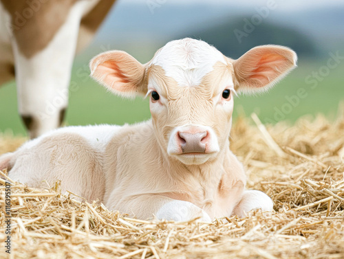 A baby cow is laying in a hay bed