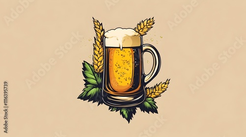 Logo,symbol for Beer  with laurel wreath. Beer in a glass and ears of wheat, refreshing drink. International Beer DayPoster, banner for bar, pub. Craft beer logo- vector illustration. photo