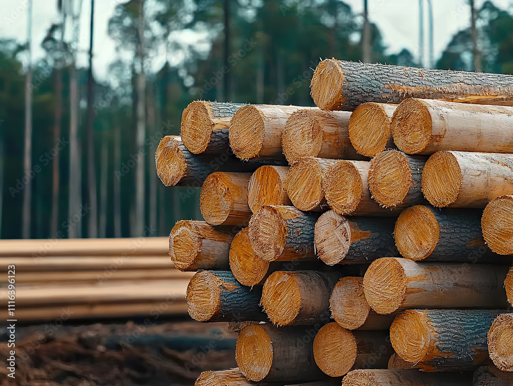 Stacked wood logs in deforested area, prepared for transport, surrounded by forest Stacked wood logs in deforested area, prepared for transport, surrounded by forest