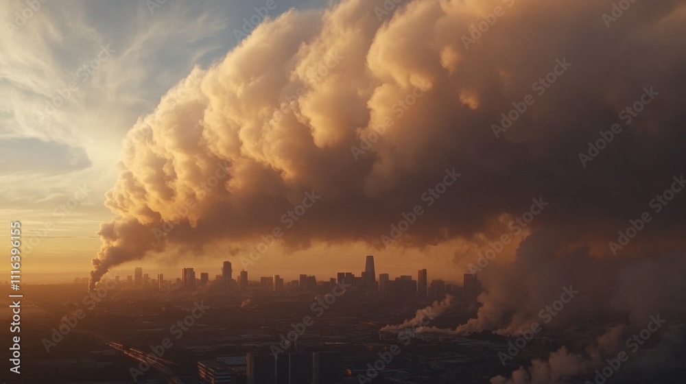 Fototapeta premium Dramatic Sunrise Over City Skyline with Pollution and Smoke Clouds