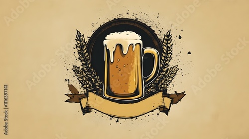 Logo,symbol for Beer  with laurel wreath. Beer in a glass and ears of wheat, refreshing drink. International Beer DayPoster, banner for bar, pub. Craft beer logo- vector illustration. photo