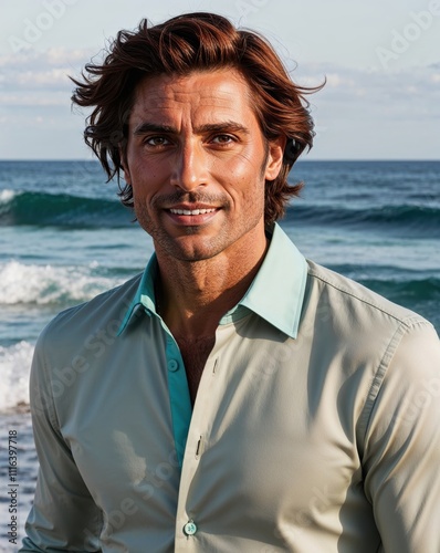 Handsome Italian Man with Chestnut Hair and Teal Collar Shirt on Beach photo