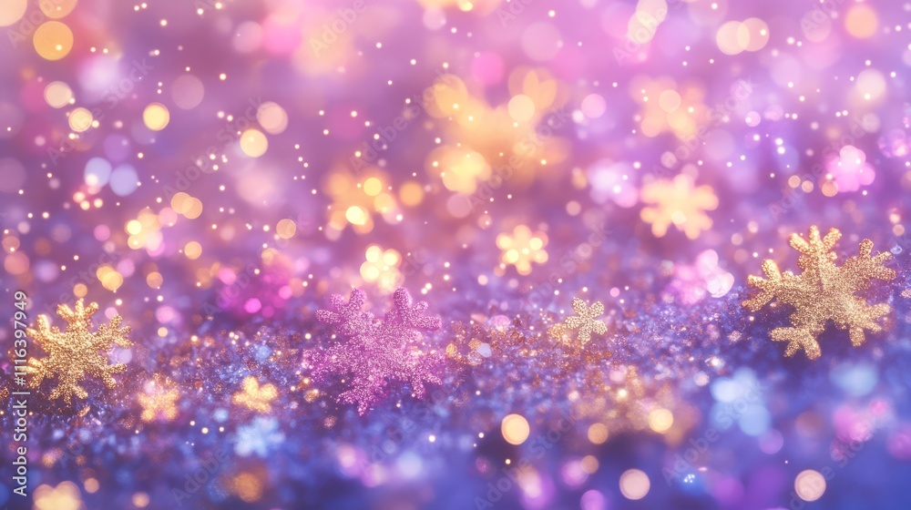 Obraz premium Colorful Christmas background with snowflakes and gold sequins