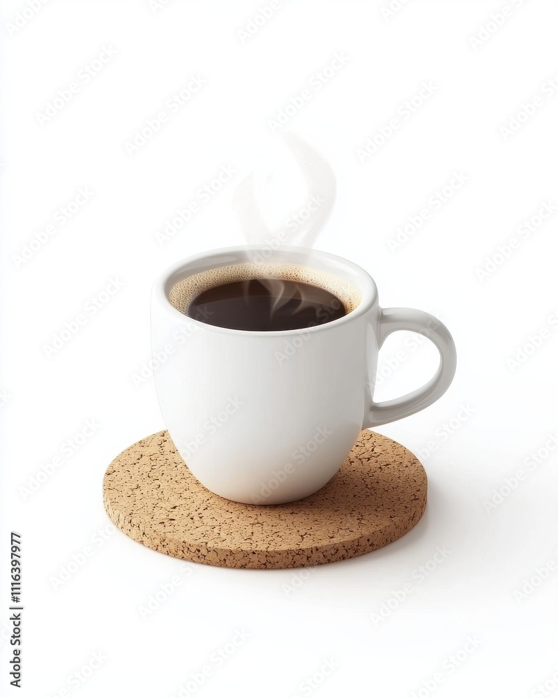 Obraz premium Steaming hot coffee cup on cork coaster minimalist setting beverage studio environment close-up perspective