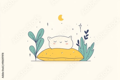 Cartoon cat snoozes on a cushion under stars. Concept of sleep hygiene. Template for background, banner, card, poster photo