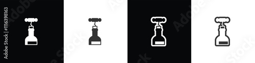 Wine Icons. Open the bottle cap, Bottle icons vector set. Wine bottle icon symbol in line and flat style. Alcohol Liquor, beverages, bar, beer.  Wine in black white and transparent background.