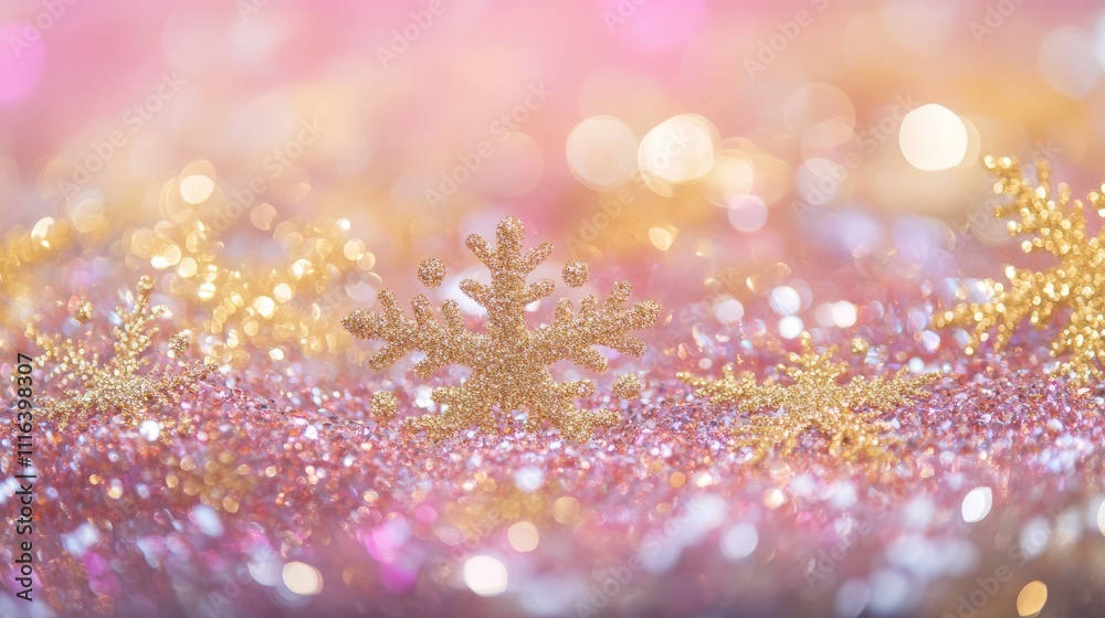 Obraz premium Colorful Christmas background with snowflakes and gold sequins