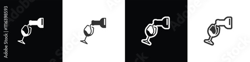 Flat icons of pouring drinks. Wine Icons. Glasses and bottle icons vector. Wine glass bottle icon in line and flat style. Alcohol Liquor, beverages, bar, beer. Wine in black white and tranparent backg