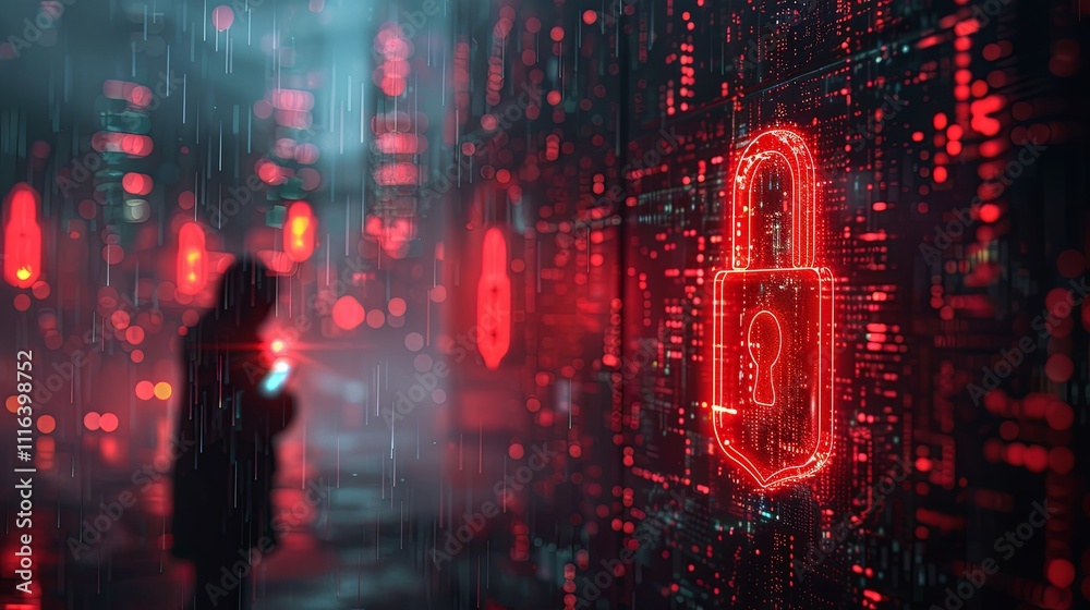 Obraz premium A glowing red padlock symbolizing cybersecurity dominates a futuristic cityscape at night, with silhouetted figures walking under digital rain. 