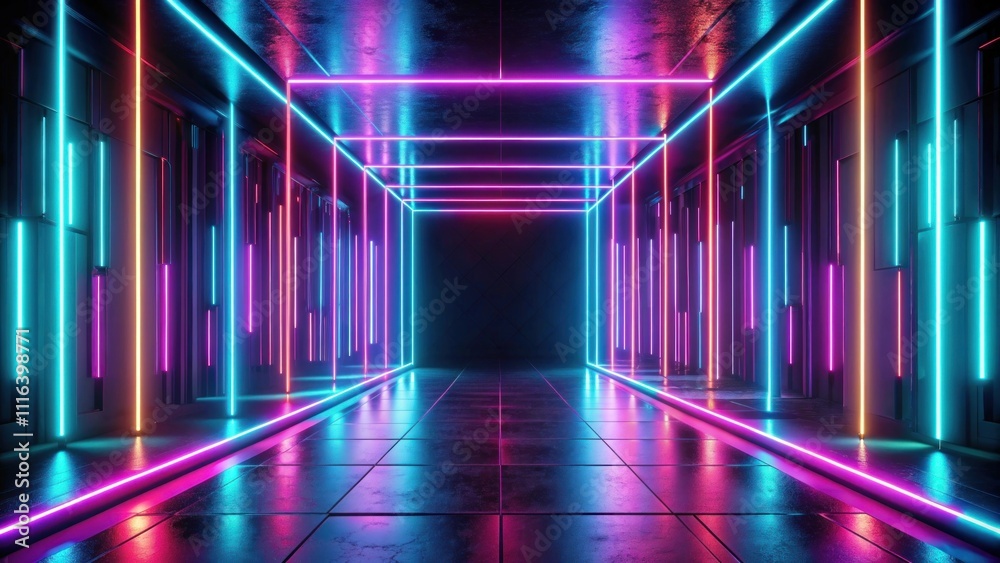 Futuristic Corridor with Neon Lights and Reflections in a Dark Space Perfect for Sci-Fi Themes, Dance Events, and Modern Backgrounds Futuristic Corridor with Neon Lights and Reflections in a Dark Space Perfect for Sci-Fi Themes, Dance Events, and Modern Backgrounds