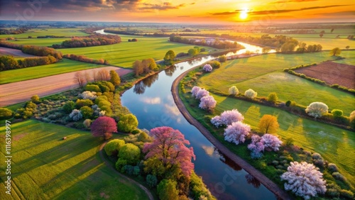 Wallpaper Mural Aerial View of Serene River Meandering Through Lush Green Fields and Blooming Trees Under Colorful Sunset Sky in Vibrant Natural Landscape Torontodigital.ca