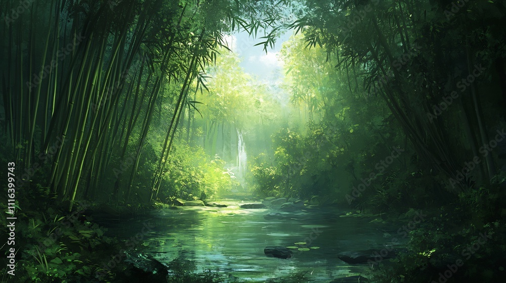 Obraz premium Tranquil Bamboo Forest River Landscape Painting