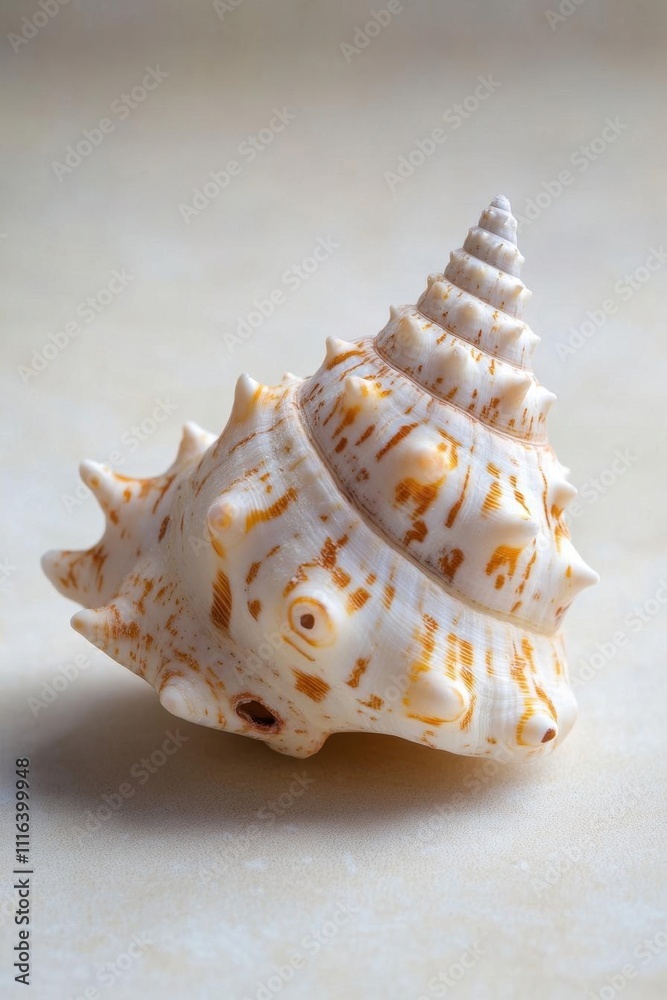 A detailed seashell with a spiral shape and orange stripes. A detailed seashell with a spiral shape and orange stripes.