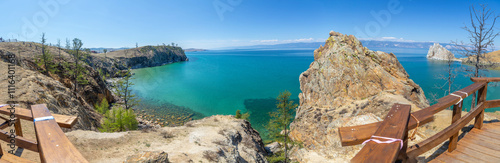 Shamanka cliff and Baikal lake. Khuzhir village, Olkhon island, Irkutsk region, Russia.