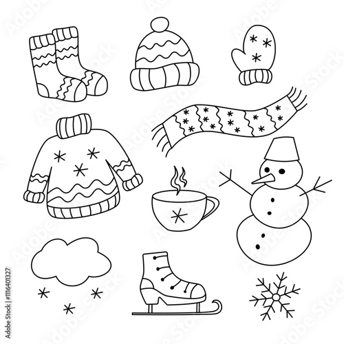 Winter elements isolated doodle vector set. Black and white contour line art cartoon drawings. Winter-themed cutout clip art design elements. Icon or logo collection.