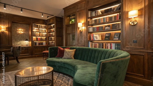 Luxurious Green Velvet Sofa in a Classic Wood-Paneled Library