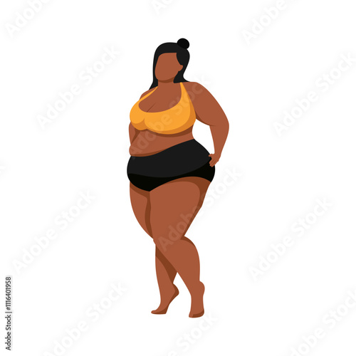 Sexy chubby african girl in a swimsuit, beautiful lady plus size, oversize fashion.