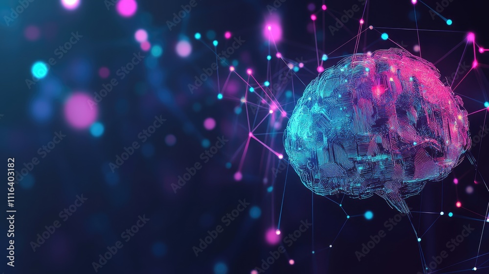 Abstract Digital Brain with Colorful Nodes and Connections Visualization