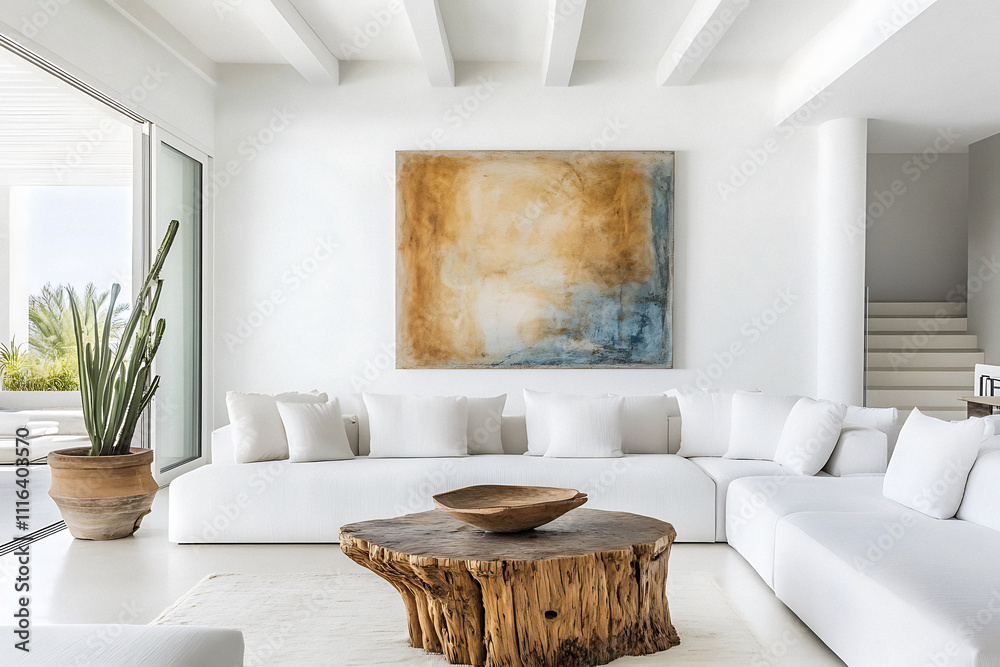 Fototapeta premium Modern minimalist living room with white sofa, wooden accents, abstract art, and natural light, bringing warmth and elegance to the decore.
