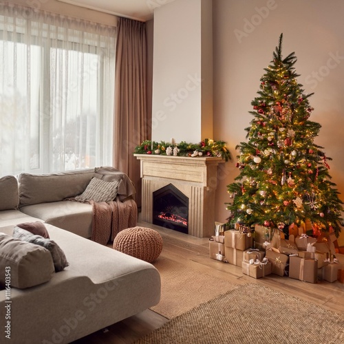 living room with furniture, christmas tree and campfire, christmas theme