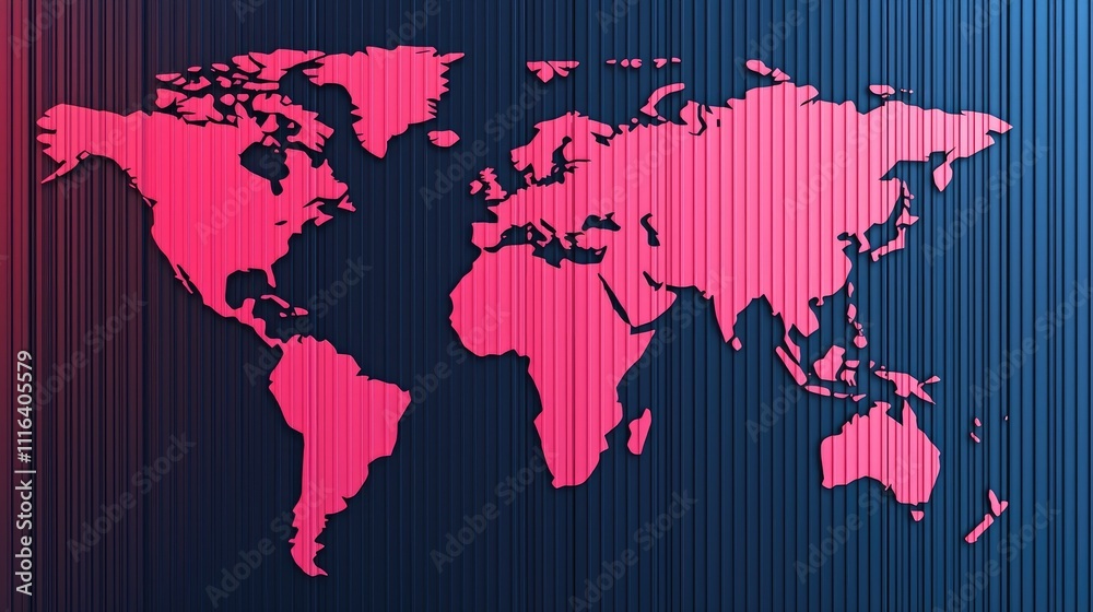 Fototapeta premium A vibrant, stylized world map in pink against a gradient blue background, showcasing global regions and emphasizing contemporary design.