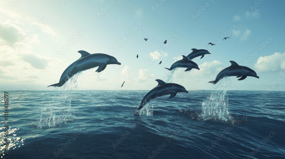 Fototapeta premium Playful Dolphins Jumping Over Calm Ocean Waves Under Blue Sky
