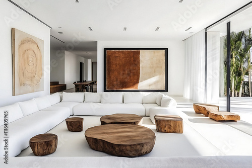 Modern minimalist living room with white sofa, wooden accents, abstract art, and natural light, bringing warmth and elegance to the decore.