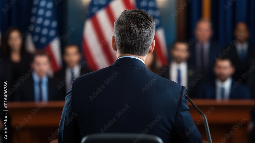 Fototapeta premium Political address by speaker at congressional hearing washington d.C. News coverage indoor setting rear view governance insights