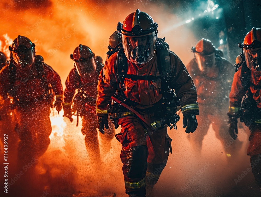 Firefighters working together to control a blaze, urban outdoor night setting with flames and smoke at night Firefighters working together to control a blaze, urban outdoor night setting with flames and smoke at night
