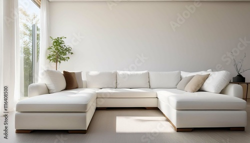 A minimalist white sectional sofa with clean lines, placed in a brightmodern apa photo