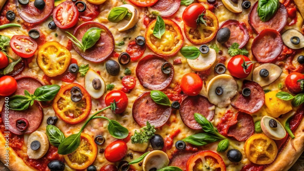 Fototapeta premium Delicious Close-Up of Freshly Baked Pizza Topped with Salami, Sliced Tomato, Olives, Basil, and Colorful Peppers Ready to Be Served for a Perfect Meal Experience